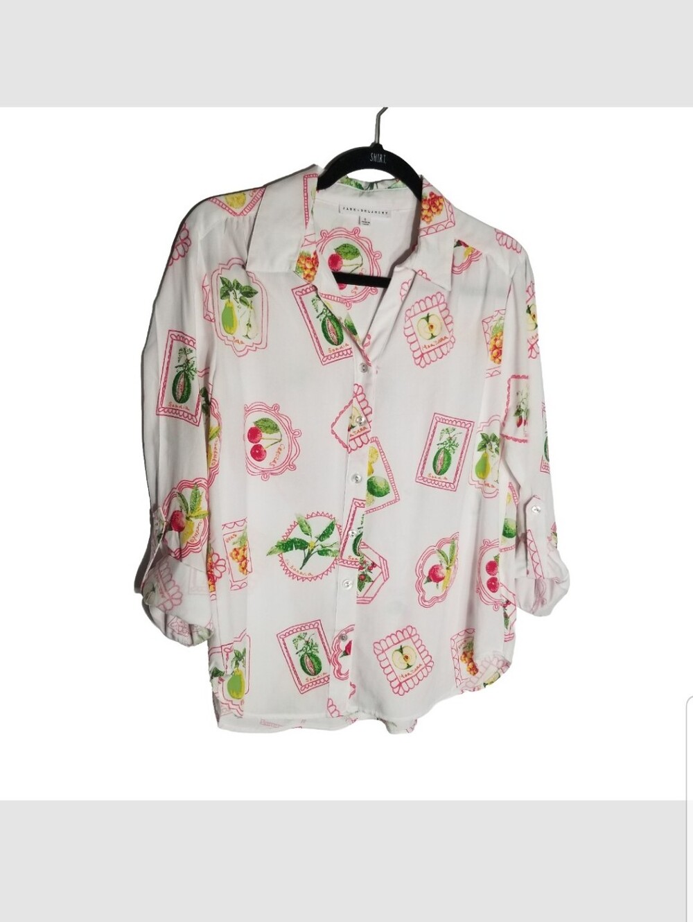 Jane And Delancey Shirt Women's Size Small Roll Tab Sleeves Fruit Pink Green